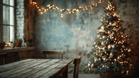 A warm and inviting Christmas scene showcases a rustic wooden table and a beautifully decorated tree adorned with twinkling lights, perfect for holiday gatherings.の素材