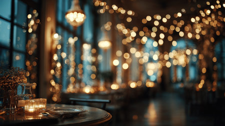 A warm and inviting restaurant interior featuring soft lighting and elegant decor, perfect for romantic dinners or special occasions. The bokeh effect adds a magical touch.の素材