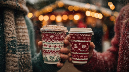 A heartwarming scene featuring two hands holding decorative cups of hot chocolate amidst a snowy backdrop, illuminated by festive holiday lights.の素材