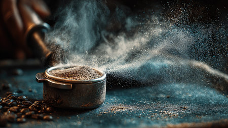 A stunning close-up captures coffee grounds spilling from a portafilter, creating beautiful dust clouds against a warm dark background.の素材