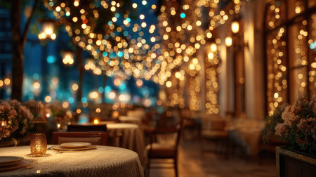 A captivating outdoor dining scene featuring beautifully arranged tables surrounded by soft bokeh lights, creating a romantic and inviting atmosphere for evening meals.の素材