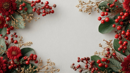 This elegant floral arrangement features vibrant red blooms and rich greenery, creating a beautiful decor piece perfect for seasonal celebrations and events.の素材