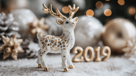 A charming decorative reindeer figurine stands gracefully among shiny ornaments, capturing the festive spirit of the holiday season in a cozy setting.の素材