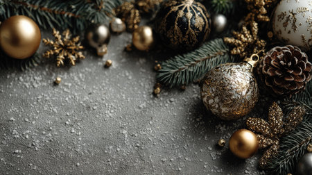A beautifully arranged display of elegant Christmas ornaments, golden accents, and natural spruce branches over a textured surface, creating a festive atmosphere perfect for holiday celebrations.の素材