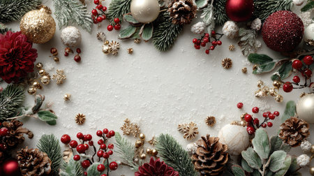 A beautiful Christmas frame featuring an arrangement of red and gold ornaments, lush greenery, pine cones, and delicate snow flakes, perfect for festive decor.の素材