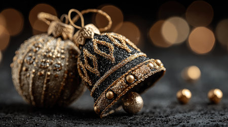 A beautifully detailed close-up of a decorative Christmas bell and ornament in gold and black tones, creating a warm holiday ambiance with soft bokeh lights.の素材