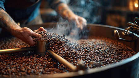 This captivating image showcases the artisanal coffee roasting process, highlighting hands skillfully handling freshly roasted beans, creating an aromatic experience.の素材