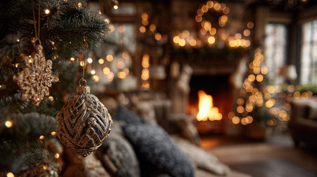 A beautifully decorated Christmas living room showcasing a cozy atmosphere with a glowing fireplace and a stunning tree adorned with warm lights.の素材