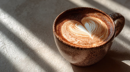 A beautifully crafted heart-shaped latte art sits in a brown ceramic cup, surrounded by soft natural light and gentle shadows, evoking warmth and comfort.の素材
