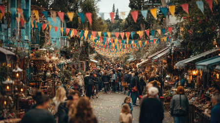 A lively market scene featuring colorful decorations, bustling crowds, and charming shops immersed in nature, creating a festive atmosphere for visitors.の素材