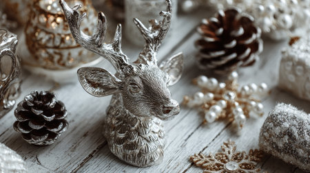 A beautifully crafted silver deer figurine centers this festive arrangement, surrounded by elegant Christmas ornaments and pinecones on a rustic wooden table.の素材