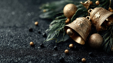 Beautifully arranged golden Christmas bells resting on a dark background, complemented by shimmering gold ornaments and lush greenery, perfect for holiday designs.の素材