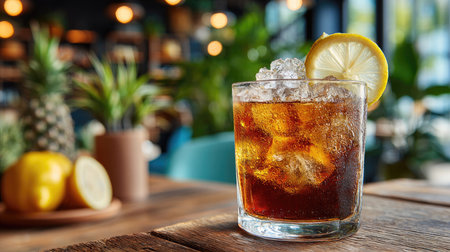 A beautifully styled glass of iced beverage with a lemon slice and ice cubes, placed on a rustic wooden table in a cozy cafe ambiance, perfect for summer.の素材