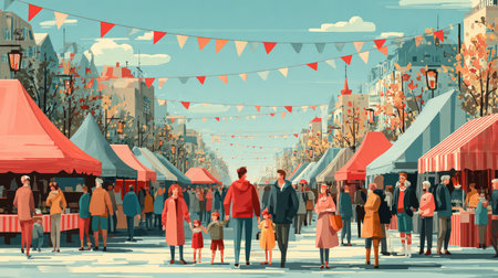 A lively street market scene filled with colorful stalls, festive banners, and cheerful people enjoying a day of shopping and community gathering.の素材