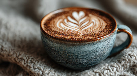 A close-up image of a cozy coffee cup featuring intricate latte art, placed on a soft knitted blanket, creating a warm and inviting atmosphere.の素材