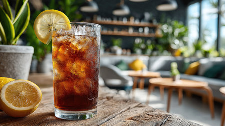 A refreshing cold beverage garnished with lemon slices and ice sits on a rustic wooden table, creating a cozy atmosphere in a stylish living room.の素材