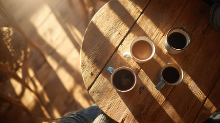 A serene and warm coffee moment is captured with four mugs arranged on a rustic wooden table. Sunlight and shadows create a calming atmosphere perfect for relaxation.の素材