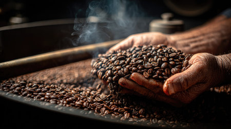 An artistic representation of hands holding freshly roasted coffee beans, showcasing the rich texture and steam rising, evoking a warm coffee experience.の素材