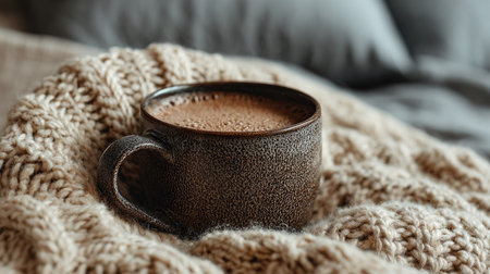 A charming coffee cup sits atop a soft knit blanket, creating a serene atmosphere perfect for relaxation. The warm brew invites moments of cozy comfort.の素材