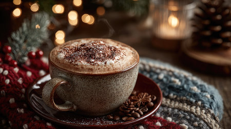 A beautifully arranged scene featuring a steaming cup of hot chocolate, surrounded by festive decor. The warm lighting creates a cozy atmosphere perfect for winter.の素材