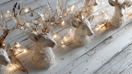 A beautiful arrangement of decorative deer head sculptures with illuminated antlers set against a rustic wooden surface, creating a warm and festive ambiance suitable for seasonal decor.の素材