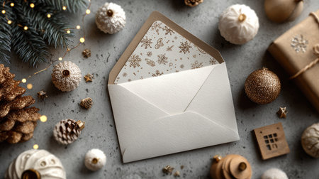A charming envelope sits among festive decorations, including ornaments and pine cones, perfect for seasonal greetings or invitations. The cozy arrangement creates a warm atmosphere, ideal for winter celebrations.の素材
