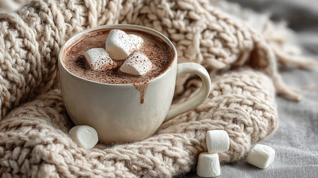 This inviting image showcases a mug filled with creamy hot chocolate topped with fluffy marshmallows, resting on a soft knit blanket. Perfect for winter comfort.の素材