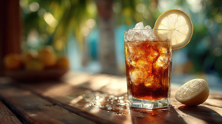 A beautifully styled glass of iced beverage with a lemon slice and ice cubes, resting on a rustic wooden table, evoking a refreshing summer vibe.の素材