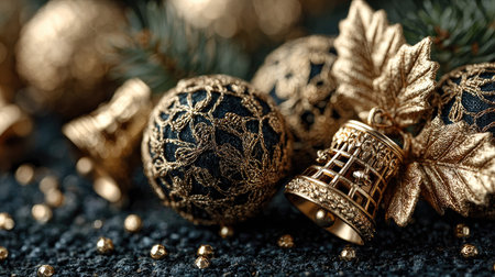 An exquisite arrangement of elegant Christmas ornaments and bells, accented by pine branches, all set against a dark textile background, creating a warm holiday atmosphere.の素材