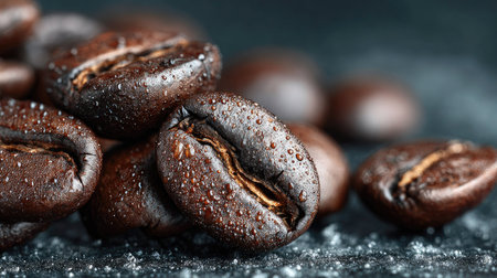 This close-up image features freshly roasted coffee beans adorned with glistening water droplets on a dark textured surface, showcasing their rich texture and appeal.の素材