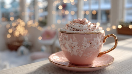 A charming pink cup filled with whipped cream sits on a wooden table, bathed in soft, festive lights, creating a cozy atmosphere perfect for winter gatherings.の素材
