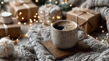 Experience a cozy winter moment with a steaming cup of coffee surrounded by soft knit textures, holiday gifts, and enchanting twinkling lights.の素材