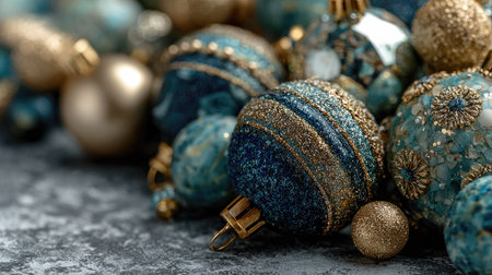 A stunning arrangement of blue and gold Christmas ornaments showcasing intricate designs and textures, perfect for holiday decor inspiration.の素材