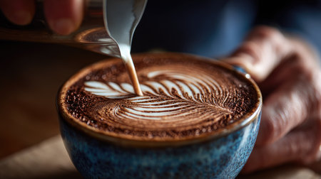 A close-up of a skilled barista pouring steamed milk into a coffee cup, creating an elegant leaf pattern in the rich latte. The image captures the art and passion behind perfecting latte design, emphasizing craft and the soothing experience of enjoying a warm beverage.の素材