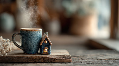 A charming coffee scene featuring a steaming cup and a small blue house on a rustic wooden surface, evoking feelings of comfort and relaxation.の素材