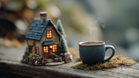 A cozy miniature house with glowing lights stands beside a steaming mug of coffee on a rustic wooden table, creating a serene atmosphere in nature.の素材