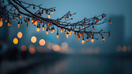 A close-up view of a branch adorned with glowing lanterns, creating a magical atmosphere above calm water during dusk in an urban setting.の素材
