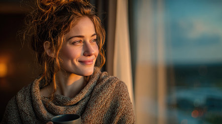 A young woman sits by a window, enjoying her morning coffee in a cozy sweater. Sunlight bathes the room in warmth, creating a peaceful and serene atmosphere.の素材