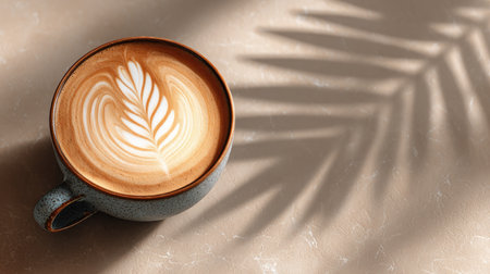 A beautifully crafted cup of coffee featuring intricate latte art on a textured surface. Soft natural light casts a delicate palm shadow, inviting relaxation.の素材