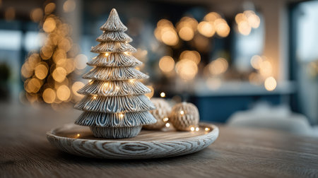 A beautifully crafted Christmas tree sits elegantly on a wooden plate, surrounded by glowing lights, creating a cozy and festive atmosphere in a charming interior setting.の素材