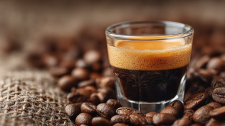 A captivating close-up of a rich espresso shot placed on textured burlap, surrounded by coffee beans. Perfect for coffee enthusiasts and cafes.の素材