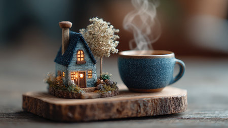 This enchanting image features a cozy miniature house emitting warm light next to a steaming cup on a rustic wood slice, evoking comfort and tranquility.の素材