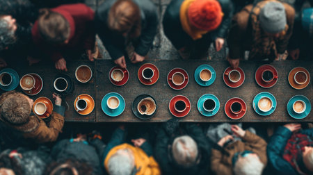 Top view of a vibrant coffee tasting event, showcasing various cups and bowls arranged neatly on a wooden table, surrounded by engaged participants.の素材