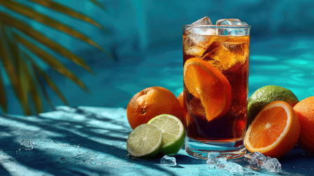 A refreshing citrus beverage sits in a clear glass filled with ice, featuring vibrant slices of orange and lime, against a tropical backdrop, perfect for summer enjoyment.の素材