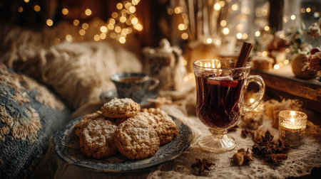 A cozy winter scene adorned with delightful cookies, a warm drink, and twinkling lights creating an inviting atmosphere perfect for relaxation.の素材