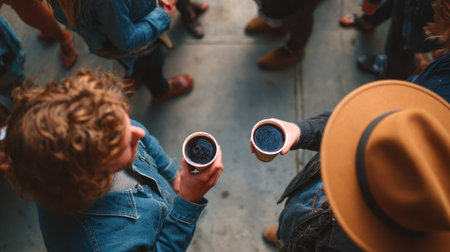 A vibrant scene featuring friends sharing moments over coffee at a bustling outdoor cafe. The warm day enhances the casual atmosphere of connection and joy.の素材