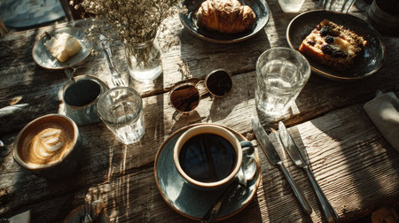 A serene breakfast scene featuring freshly brewed coffee, a flaky croissant, delightful desserts, and stylish sunglasses, captured in warm, natural light.の素材