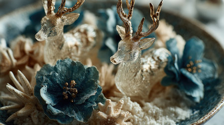 This beautiful display features crystal deer figurines surrounded by blue flowers and natural elements, creating an elegant winter ambiance. Perfect for festive decor!の素材