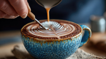 A skilled barista expertly pours rich coffee into a beautifully crafted cup, creating intricate latte art that enhances the beverage's visual appeal.の素材