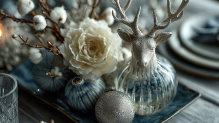 Capture the essence of the holiday spirit with this detailed festive table setting featuring a decorative antlered deer and elegant floral arrangement.の素材
